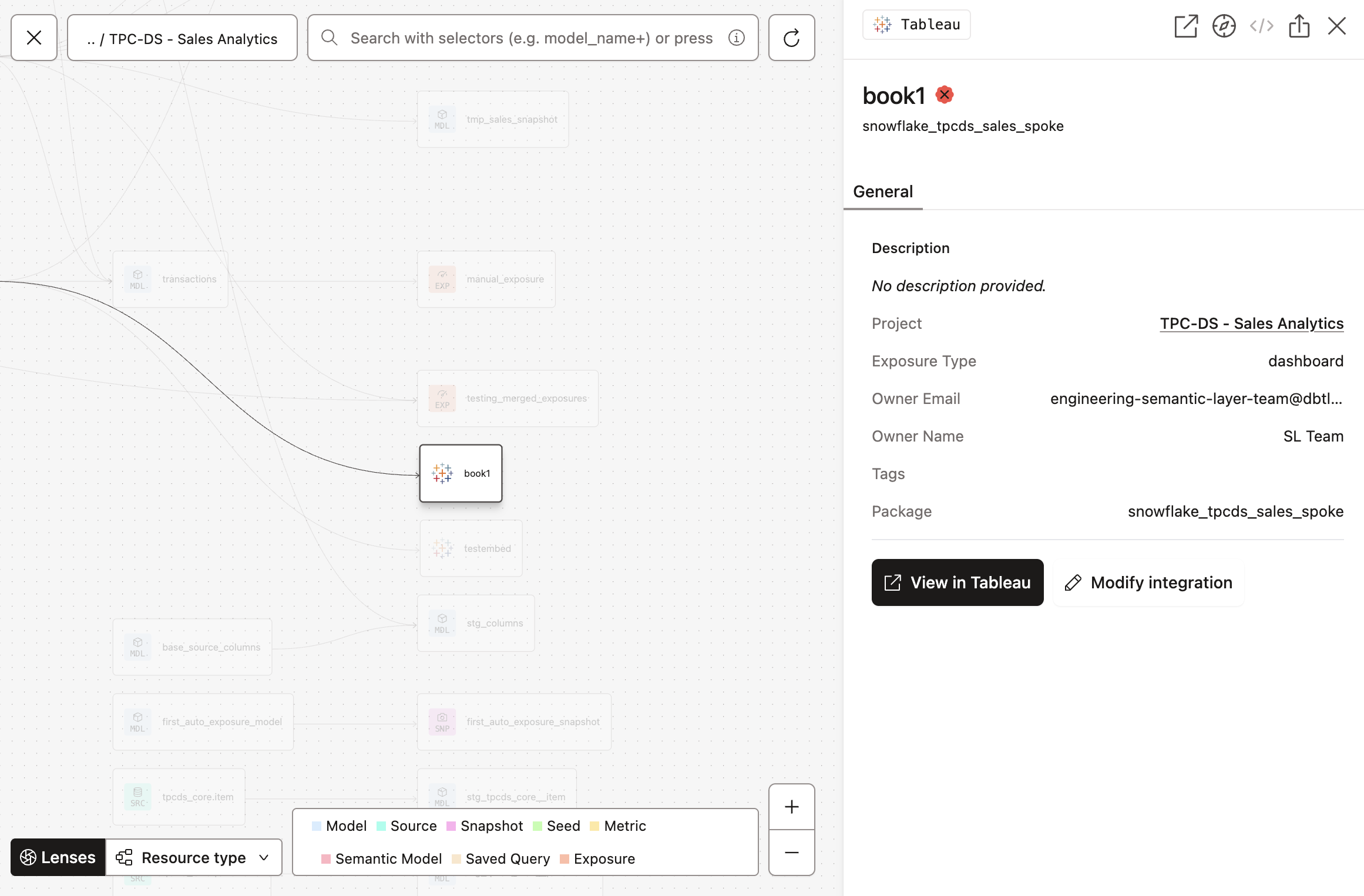 View from the dbt Catalog in your Project lineage view, displayed with the Tableau icon. View from the dbt Catalog in your Project lineage view, displayed with the Tableau icon.