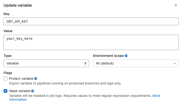 [View of the GitLab window for entering DBT_API_KEY [View of the GitLab window for entering DBT_API_KEY